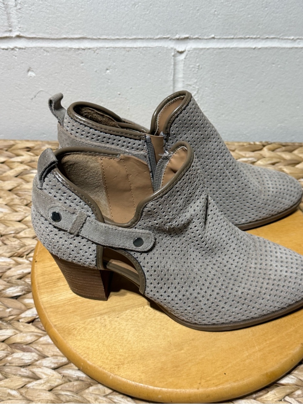 Franco Sarto Light Gray Perforated Suede Cutout Ankle Booties